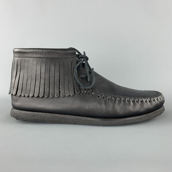SAINT LAURENT Size 12 Black Leather Fringed Moccasin Style Boot Sneakers - Picture 1 of 1